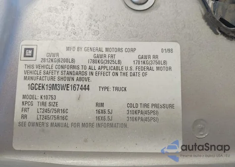 1998 Chevrolet K1500 Fleetside z USA, uszkodzony, nr VIN 1GCEK19M3WE167444